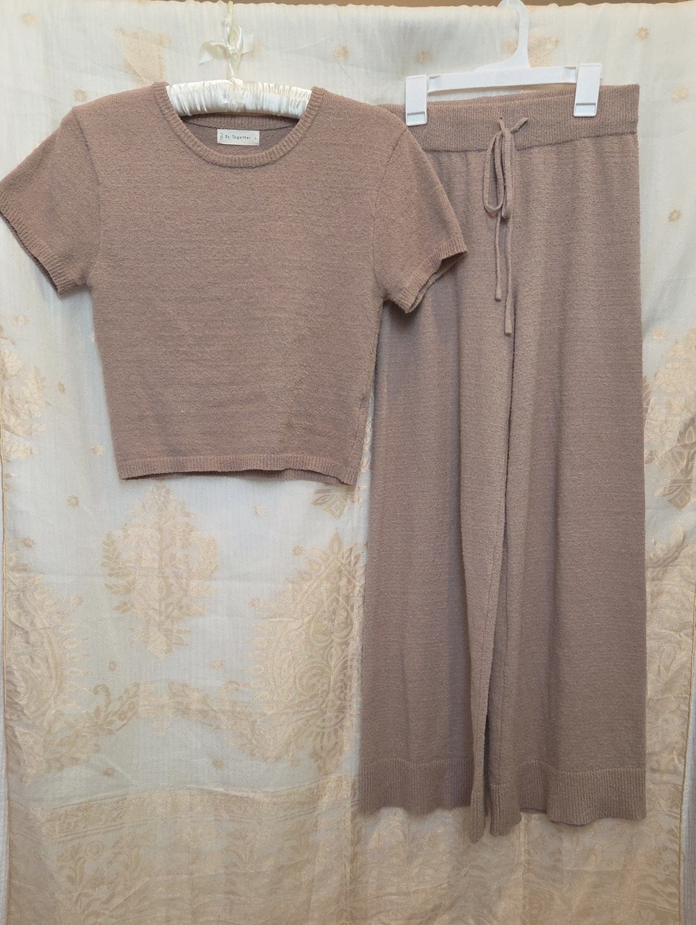 By Together Taupe Knit Short-Sleeve Top & Wide-Leg Lounge Pants Set